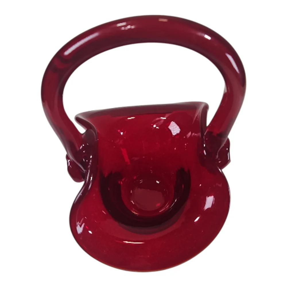 Vintage Red Art Glass Basket Small Hand Blown Style Decorative Display Bowl